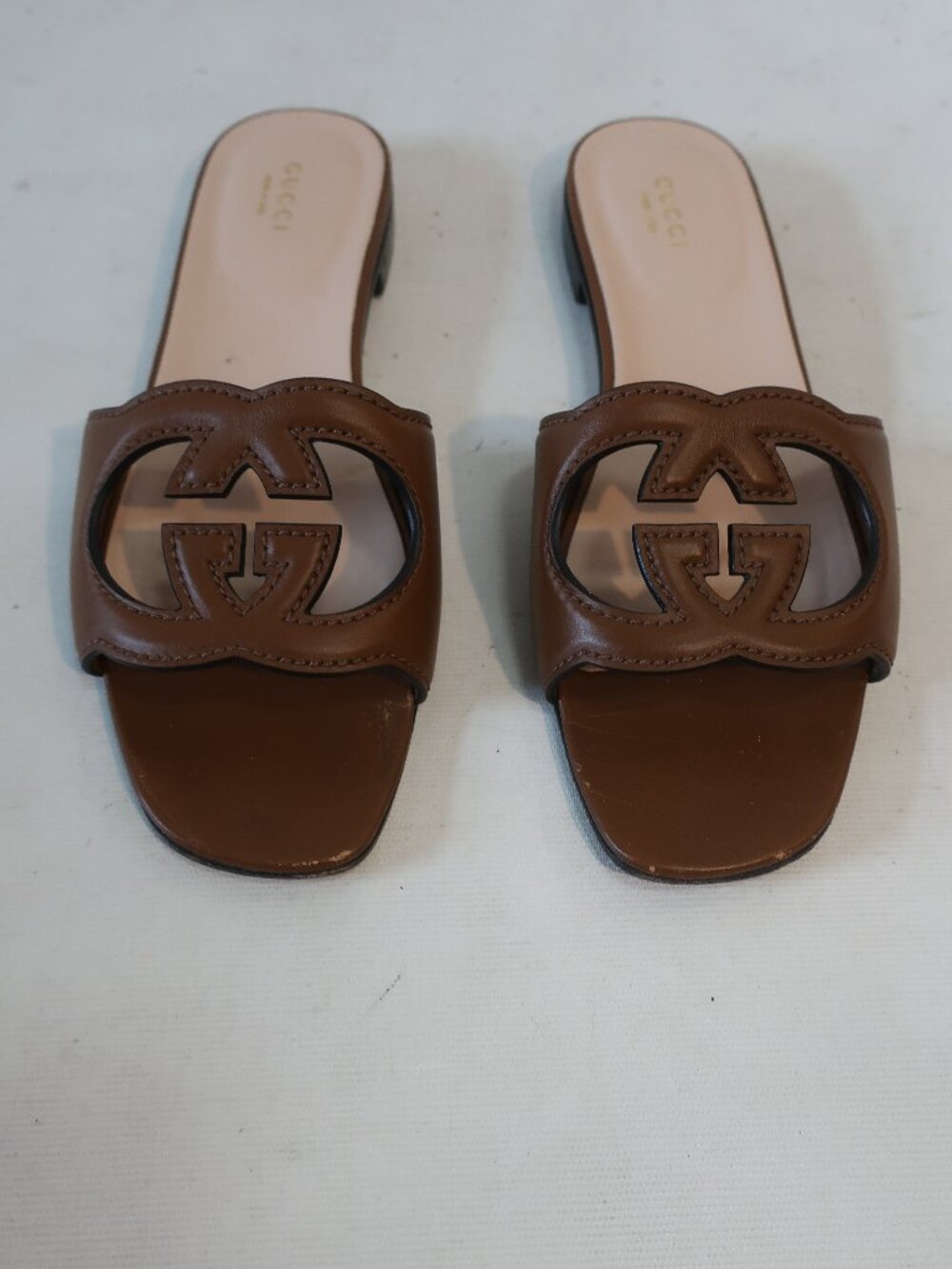 Authentic Gucci Cosmos Brown Interlocking G Cutout Leather Slide Sandal 39 US/9